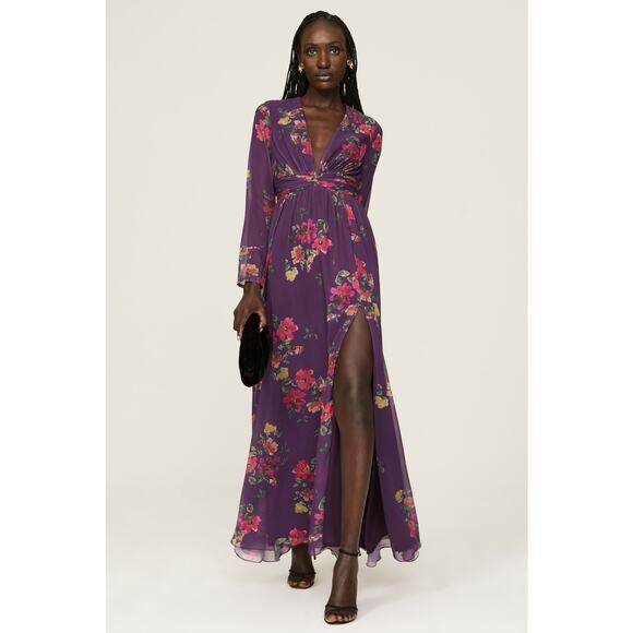 MAC DUGGAL Purple Floral Georgette Plunging Neckline High Slit Gown Size 8 - Picture 1 of 16